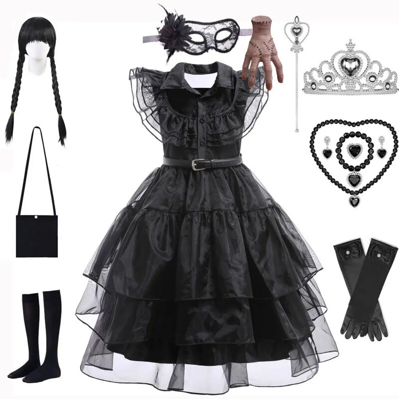 Girls Black Dress Up Kids Wednesday Family Costumes School Rave Halloween Adams Cosplay Party Outfit Wig Socks Accessories