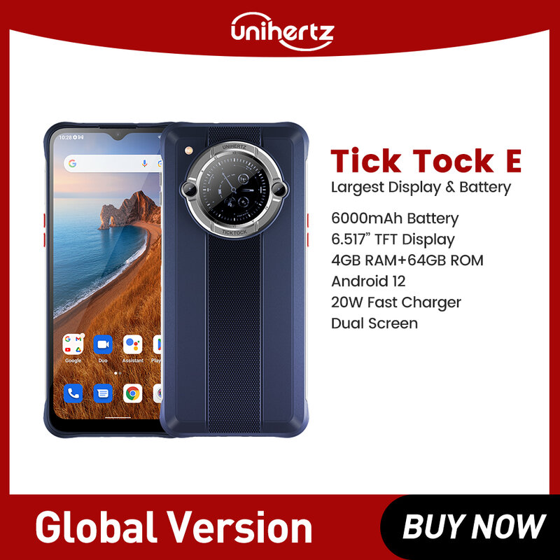 Unihertz Tick Tock E Smartphone Octa Core Android 6000mAh 6.5 "ekran 4GB 64GB telefon komórkowy 48MP odblokowuje szybkie ładowanie telefonu