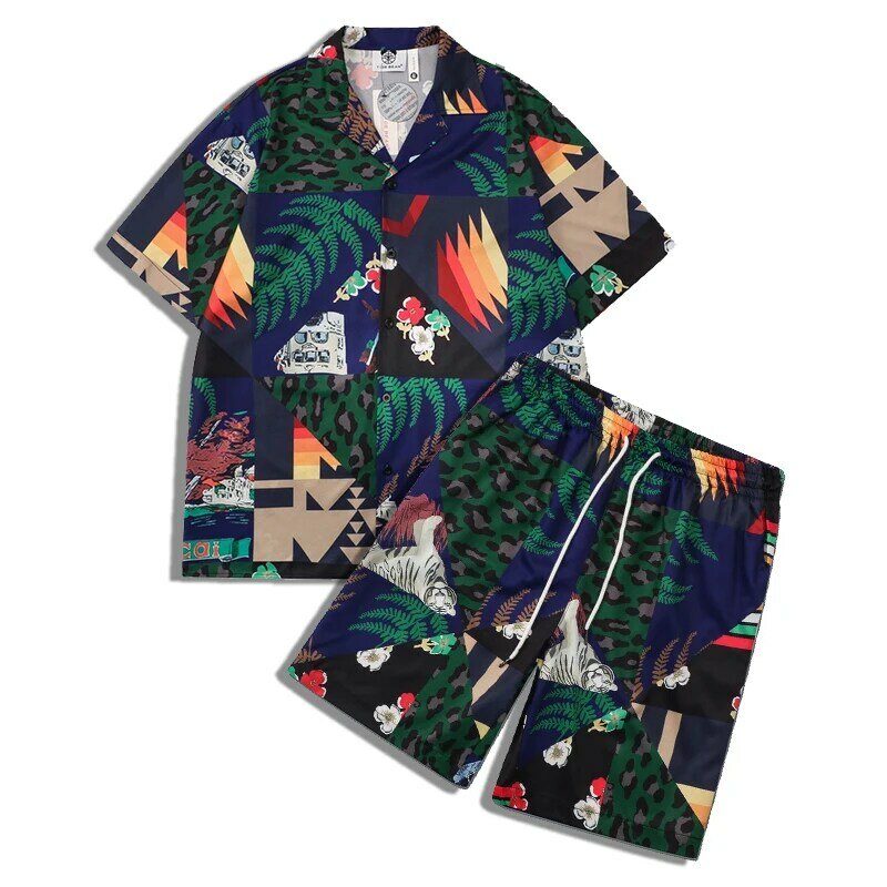 Strój na lato męska koszula hawajska z krótkim rękawem z nadrukiem tropikalne rośliny Casual w całości zapinana na guziki koszula Aloha wakacje dwuczęściowy zestaw