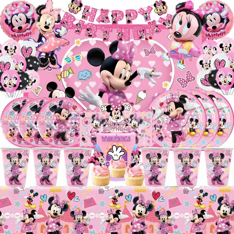 Set Peralatan Makan Sekali Pakai Balon Dekorasi Pesta Minnie Mouse Taplak Meja Minnie Pink Perlengkapan Pesta Ulang Tahun Anak Perempuan Baby Shower