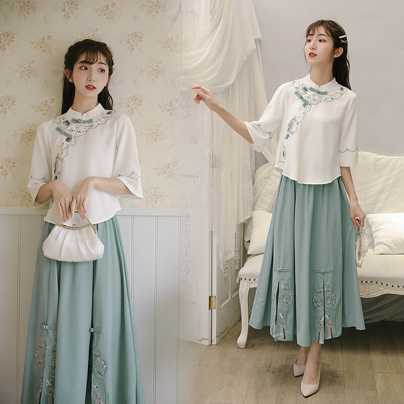 Yourqipao Summer 2023 Improved Cheongsam Retro Kawaii Young Girls Hanfu Suit Han Element Chinese Style Hanfu Dress for Women