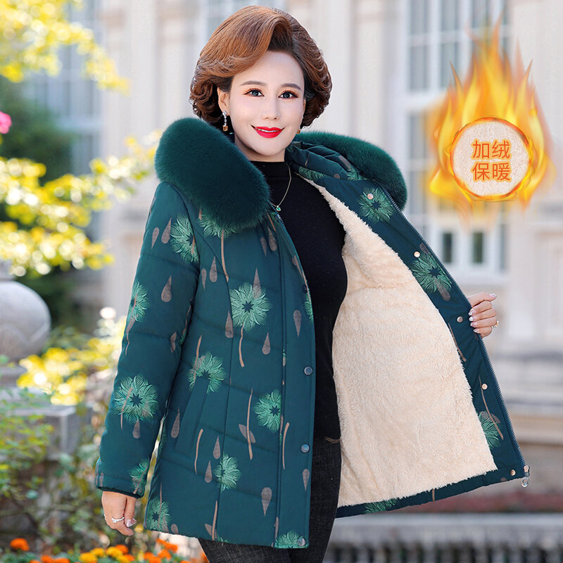 Middle-aged Women Winter Cotton Jacket Mother Floral printed fleece thick Warm Coat Large Size Hooded Female Parkas Outerwea