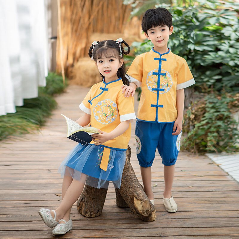소년과 소녀 여름 새로운 중국 스타일 빈티지 Hanfu 어린이 동양 자수 두 조각 정장 성능 역할 놀이 의상
