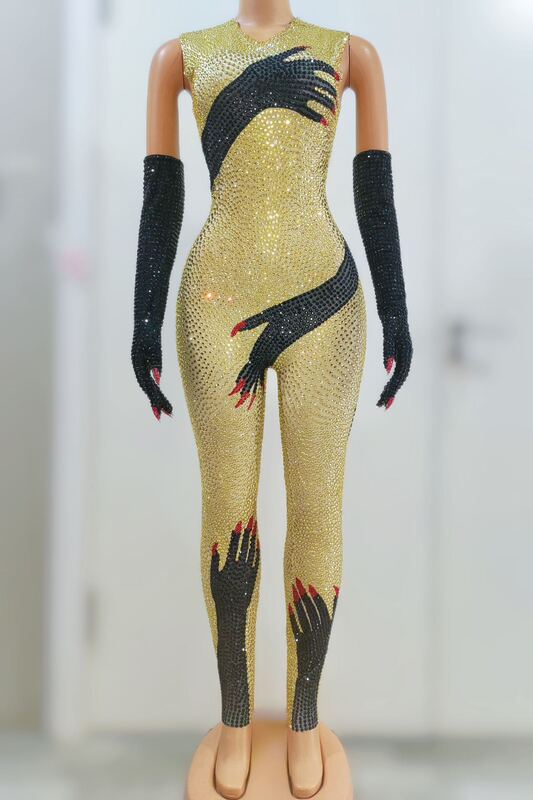 Heishou-Combinaison imprimée mains noires en pierre brillante, gants, costume de performance sexy, tenue de scène de chanteur, tenue de fête d'anniversaire