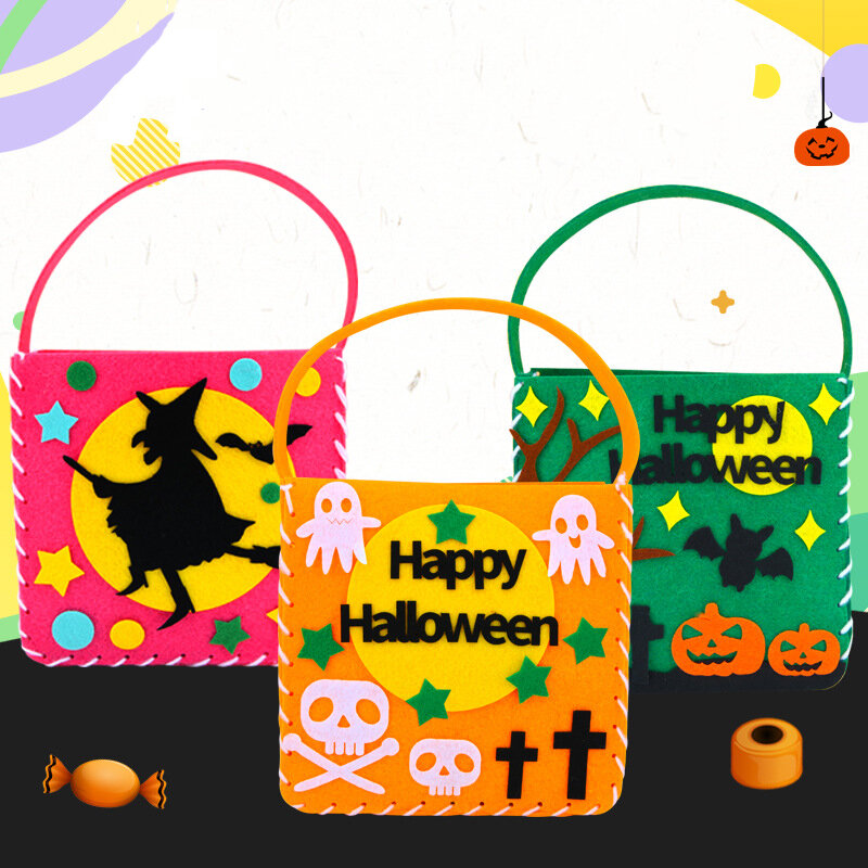 Halloween Candy Bag Artesanato Brinquedos para Crianças, Trick or Treat Bag, Handmade DIY Material, Decoração do partido, Beg Sugar Bag, Kindergarten Gifts, 3Pcs