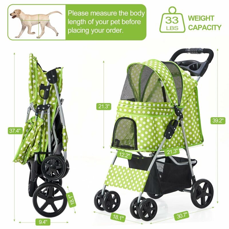 Green Dot Journey: Pet Stroller for Medium/Small Dog, Folding 4-Wheel Jogger, Cage (Dot Green)