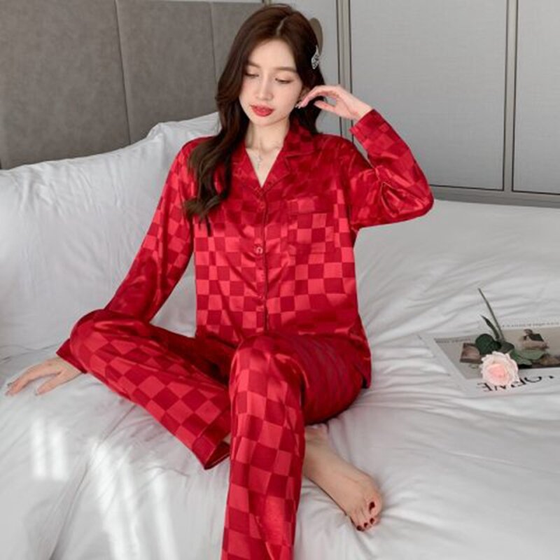 Pijama de seda de imitación para mujer, ropa de dormir de manga larga, Simple, elegante, de lujo, para primavera y otoño