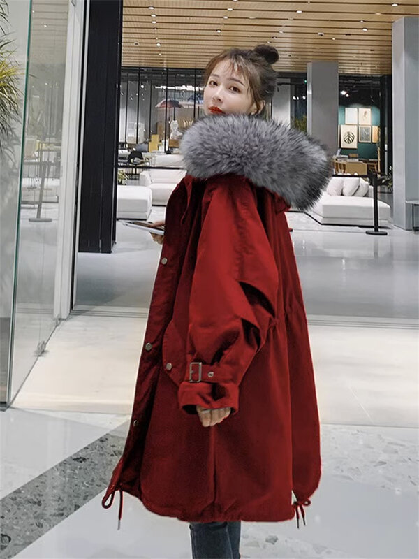 Pai Overcome Cotton Coat Women 2024 Winter Wear Popular Loose Red Plush Thickened Cotton Coat Female Coat Solid Color Commuting