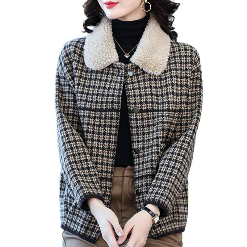 여성용 플러시 라펠 코트, 플러시 빈티지 격자 무늬 코트, 따뜻한 싱글 브레스트 재킷, 라펠 양면 니트, 가을 겨울