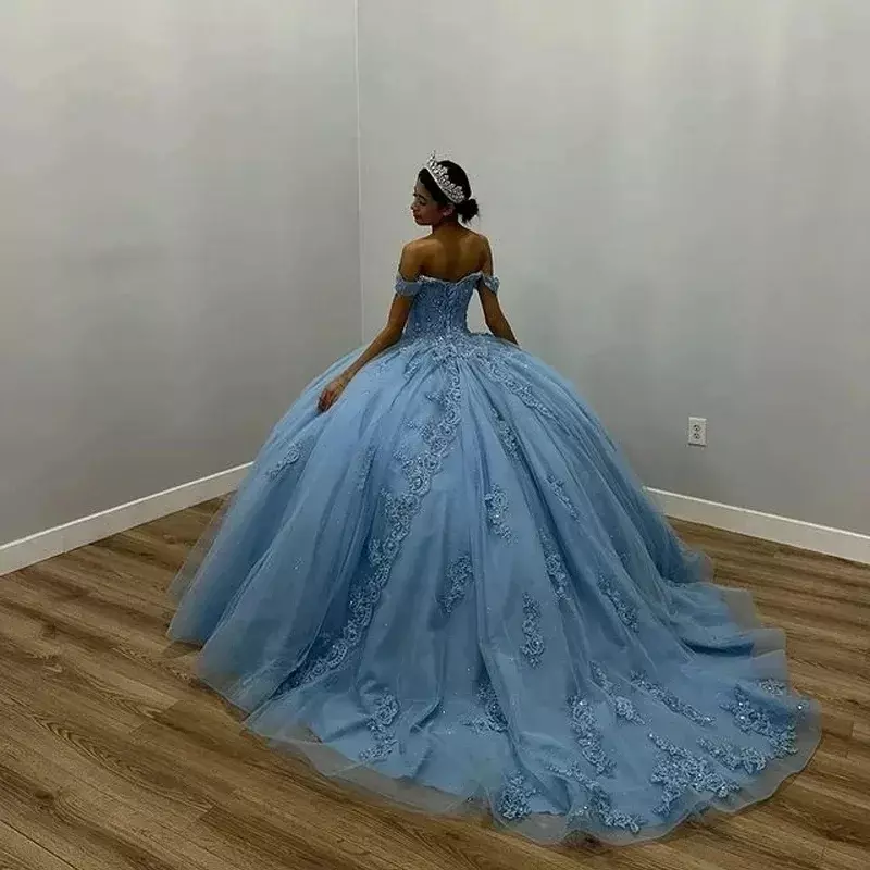 Glittering Blue Princess Quinceanera Dresses Beading Appliques Court Train Ball Gown Vestidos De 15 Anos Formal Prom Party HOT