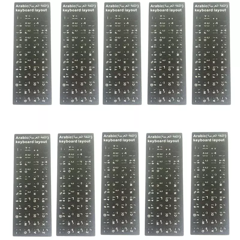 Lotto 10 pezzi lingua araba tastiera araba Layout adesivo alfabeto durevole sfondo nero lettere bianche per PC portatile universale