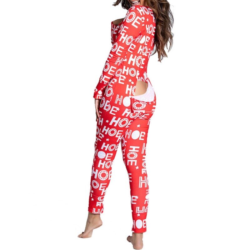 Sexy Pyjama Jumpsuit Voor Dames Pak Met Knoop Naar Beneden Voor De Achterkant Butt Bum Open Kont Flap Jumpsuit Loungewear Kerstprint Dichtgeknoopt Nieuw