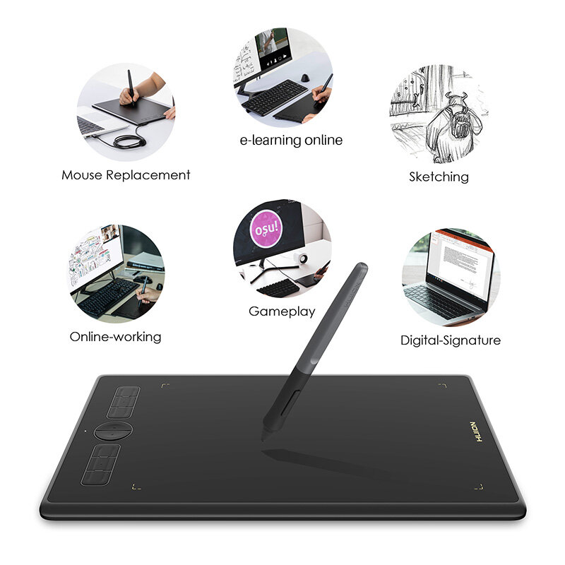 HUION-tableta gráfica Inspiroy H580X para principiantes, bolígrafo de dibujo, Mac, Linux, conectividad de teléfono Android con 8 teclas programables
