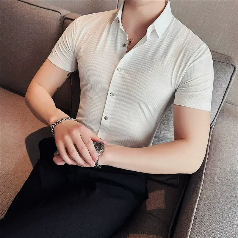 Рубашка мужская деловая облегающая с коротким рукавом, высокоэластичная бесшовная модная сорочка в полоску, деловая повседневная одежда, лето 2023