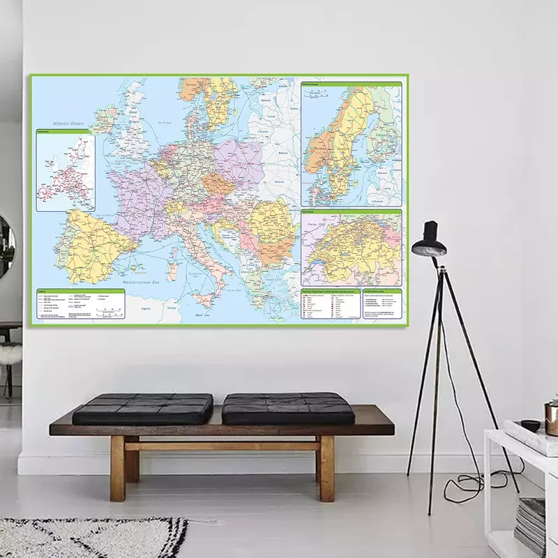 225*150cm The Europe Political and Traffic Route Map Wall Poster Non-woven Canvas Painting School Supplies Classroom Home Decor