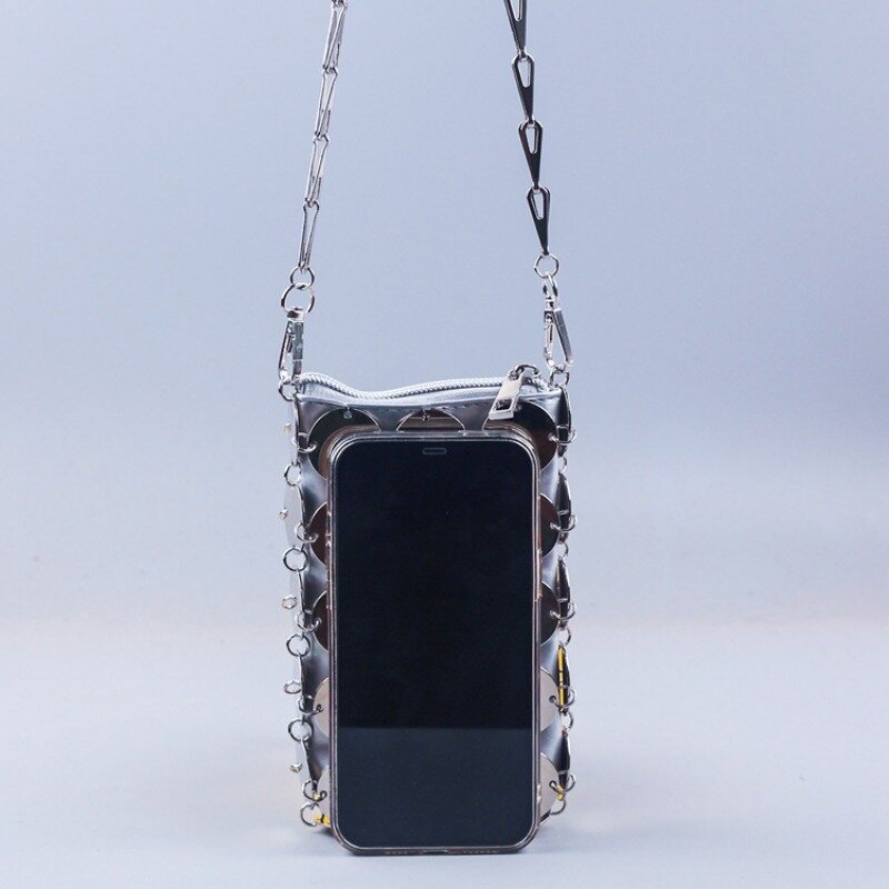 Silver Shining Crossbody Bag para mulheres, bolsa pequena, círculo, metal, prata, fêmea, telefone móvel, noite, design de luxo