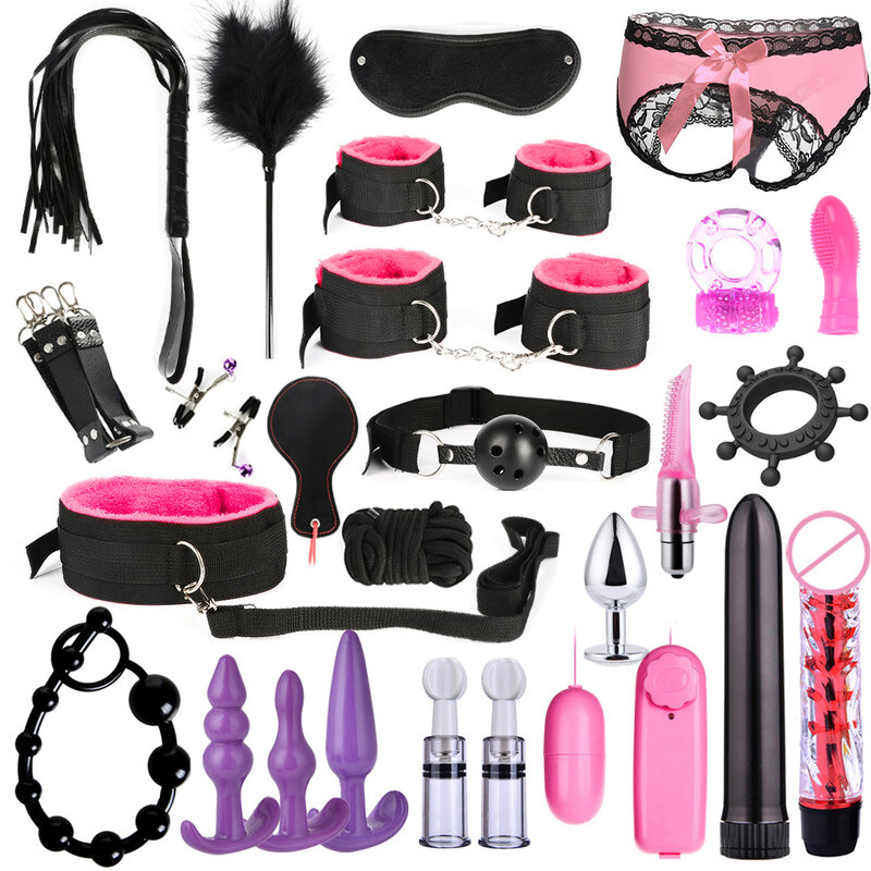 BDSM Sex Toys Kits para adultos, algemas, braçadeiras de mamilo, chicote, plugue anal de metal, vibrador anal, Butt Bondage Set, mulheres e homens