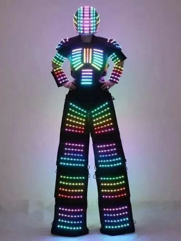 Costume de robot LED imbibé, vêtements de marcheur échasses éclairés, casque laser, gants, veste Shoous, vêtements, document complet