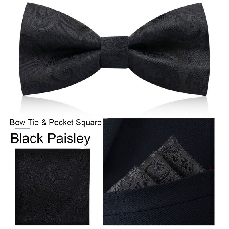 Z wzorem Paisley muszka zestaw w kwadraty dla pana młodego i drużbowie ślubne pasujące formalna odzież biznesowe