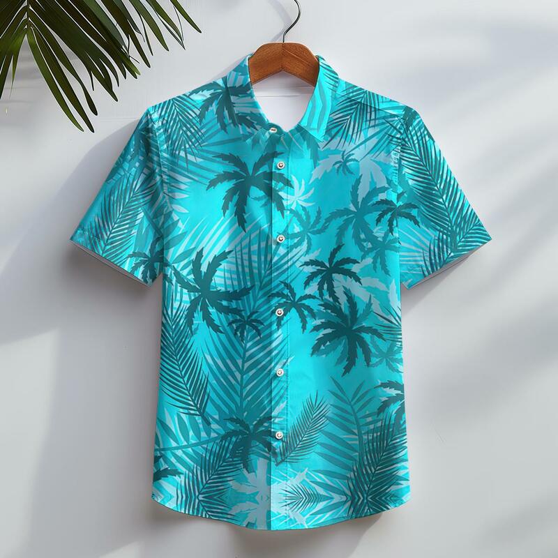 Гавайская рубашка мужская с короткими рукавами, модная футболка на пуговицах, с 3D-принтом кокосового дерева, с лацканами, В гавайском стиле, лето