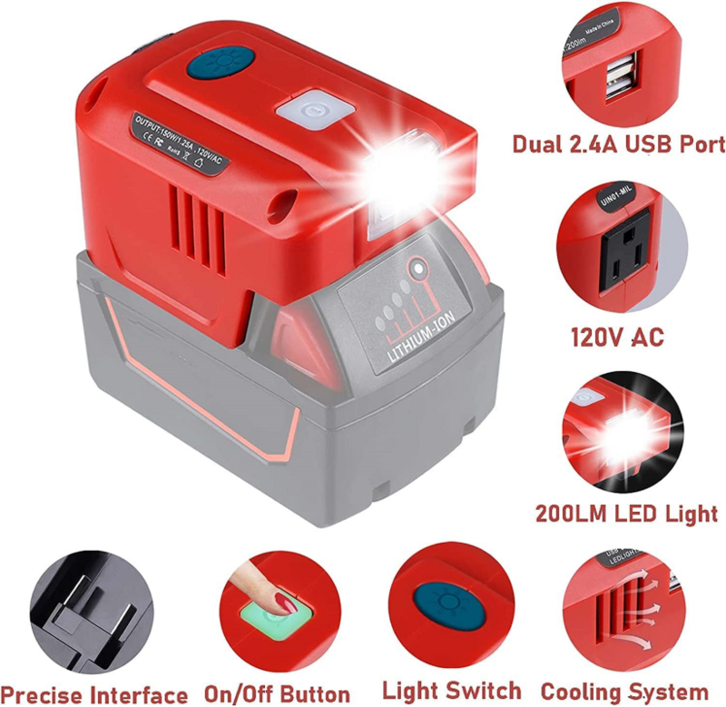 For Milwaukee 18V Lithium Battery Portable Generator AC 110V/220V 150W Power Supply Inverter Adapter with LED Light