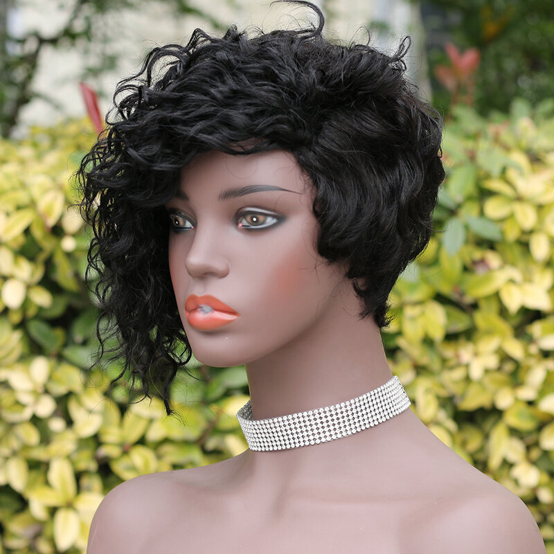 カーリー-ブラジルのヘアエクステンション,短い巻き毛のピクシーカットのかつら,自然なレミーの髪,完全に機械で作られた100%