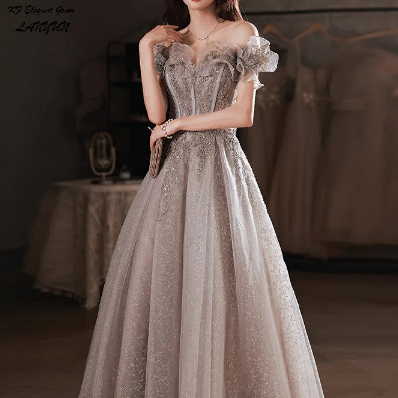 Elegant Party Dresses 2024 Gray Floral Evening Dress, Suitable for Women Long One-piece Dress Gown Welcome Dresses Women's Dress