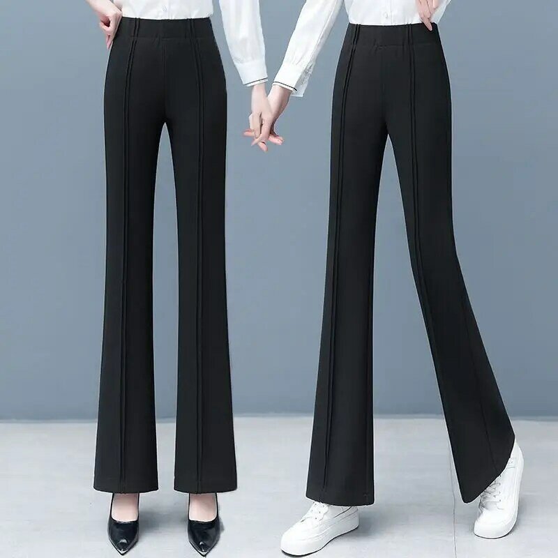 Flare celana lurus wanita saku Solid, pakaian kantor wanita simpel elegan modis ramping Vintage 2023