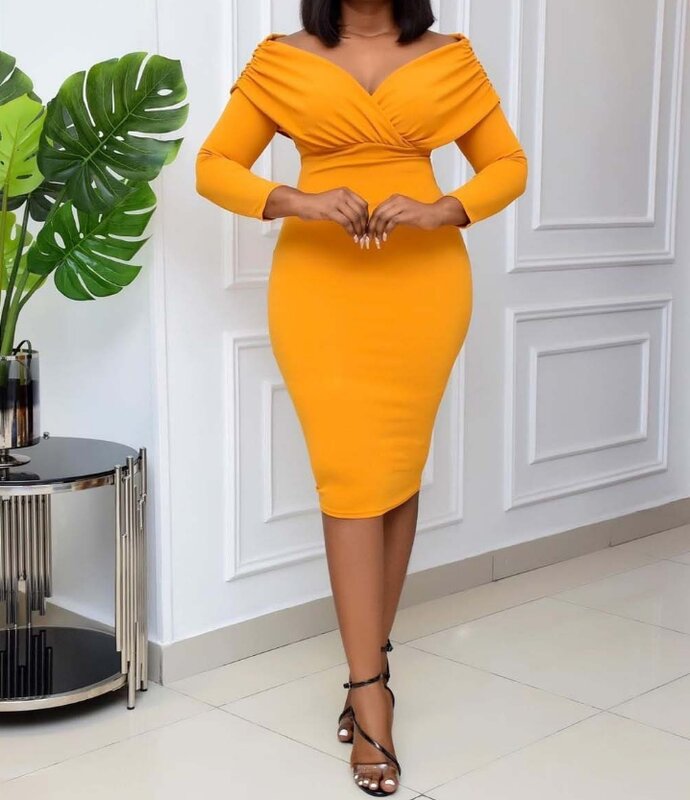 Sexy Dresses for Women 2024 Spring Solid Color Large Size V Neck Off Shoulder Long Sleeves Ruffles Pleated Bodycon Midi Dress