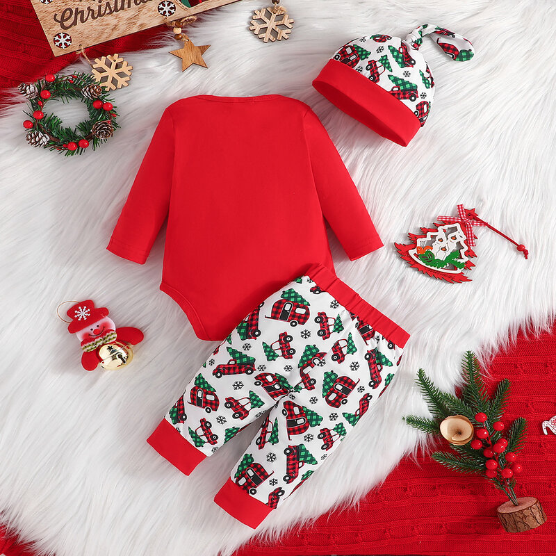 Рождественский комплект одежды для новорожденных мальчиков и девочек, боди с длинным рукавом + штаны + шапка, хлопковая одежда, костюм для детей 0-18 месяцев