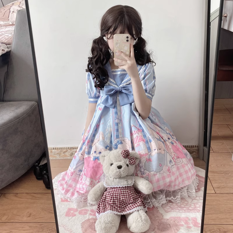 Abito giapponese dolce Lolita donna Kawaii Bow Cartoon Lace Blue Dress abito da principessa manica corta Costume di Halloween regalo per ragazza