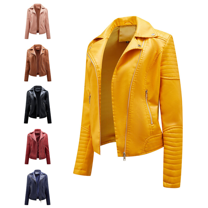2024 spring and autumn short leather clothes women's European size slim fitting Lapel motorcycle clothes inclined Zipper Jacket
