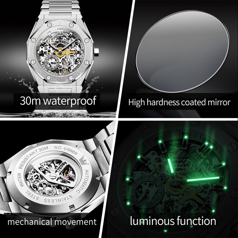 OLEVS Totalmente Hollow Out Relógio Automático Masculino, Relógio de Pulso Mecânico em Aço Inoxidável, Luxo Superior, Alta Qualidade, Original, Novo