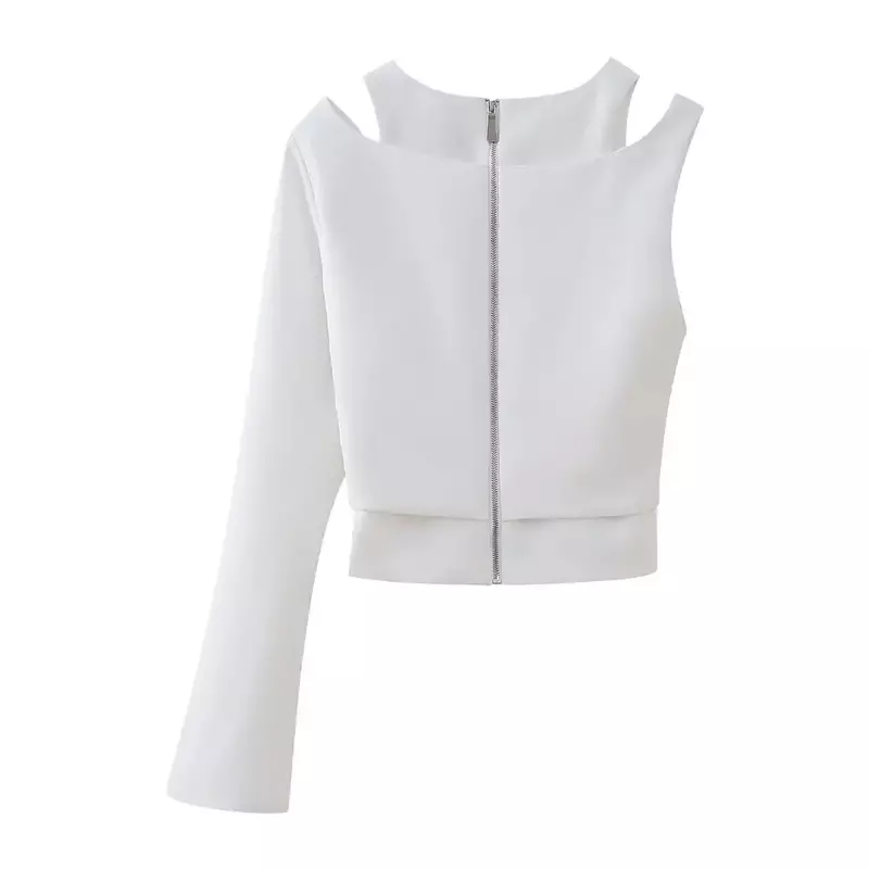 Damskie nowe modne ozdoby na zamek błyskawiczny przycięte wąskie bluzki z wycięciami w stylu Vintage z pojedynczym rękawem damskie swetry eleganckie koszule
