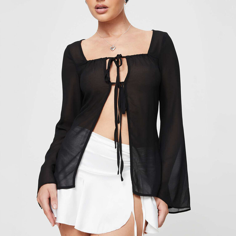 Women Sheer Tops, Long Flare Sleeve Tie-up See-through Solid Color Fall Tops Clubwear