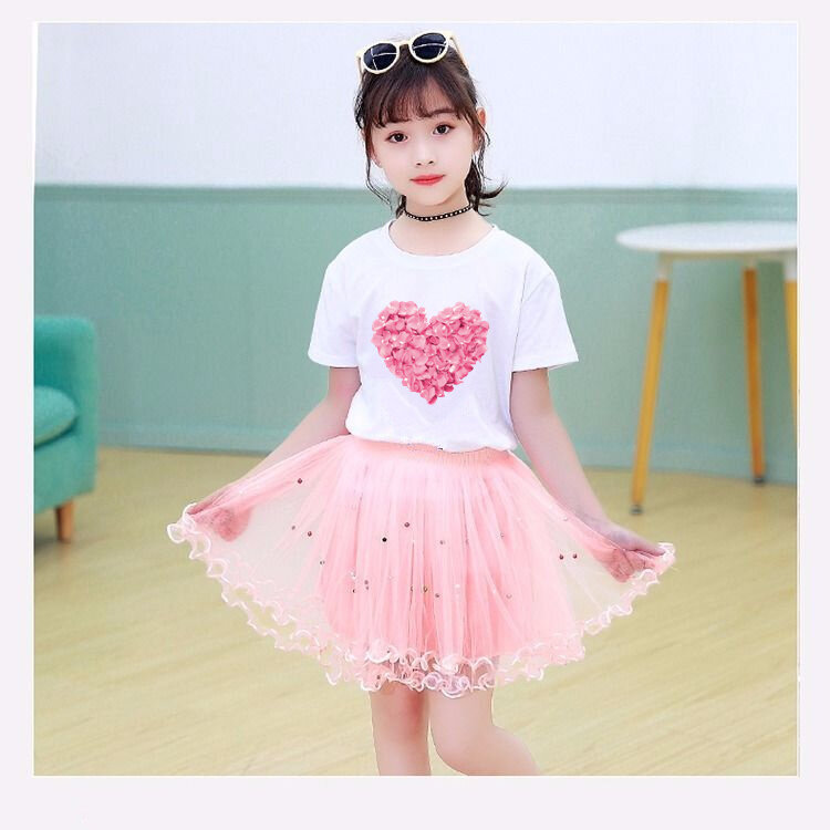 Ropa de verano para niñas pequeñas, camiseta de gato y falda de tutú de malla, conjunto de dos piezas, moda coreana, trajes para niños de 3 a 14 años