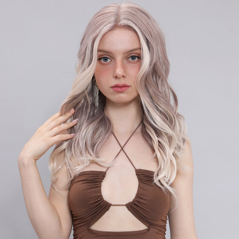 Smilco Omber Grey T-Part 13X5X1 Lace Front Curly Wigs For Women Long Hair Synthetic Lace Front Wig Daily Party Heat Resistant