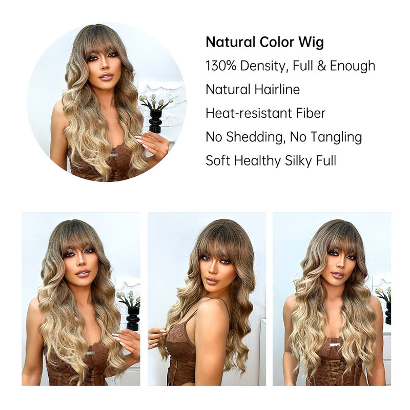 LOUIS FERRE Long Water Wave Synthetic Wigs for Women Brown Blonde Ombre Wigs for All Occasions Natural Fashion Wigs With Bangs