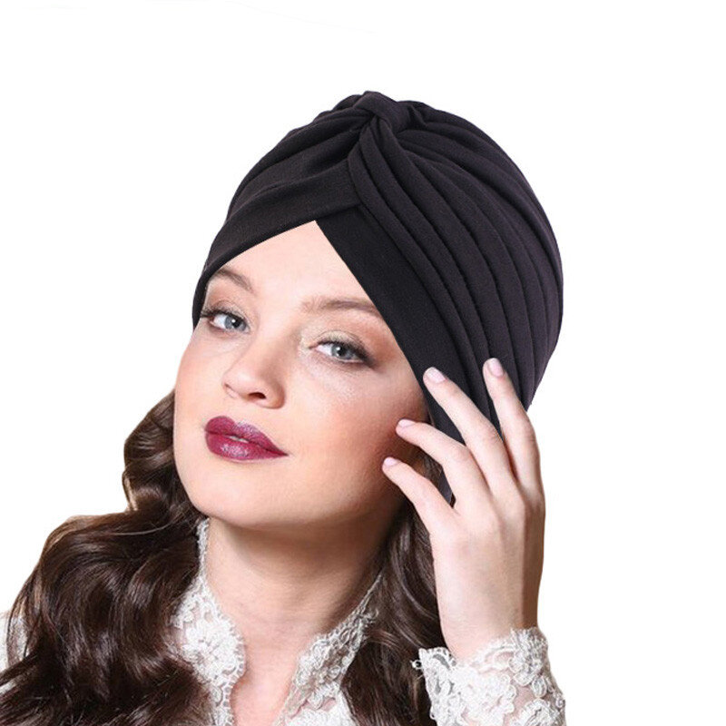 Chapéu Plissado Turbante Indiano para As Mulheres, Lenço Bonnet, Hijab Interno, Chemo Cap, Envoltório Muçulmano, Perda de Cabelo Stretch Head Cover, Gorros Headwear
