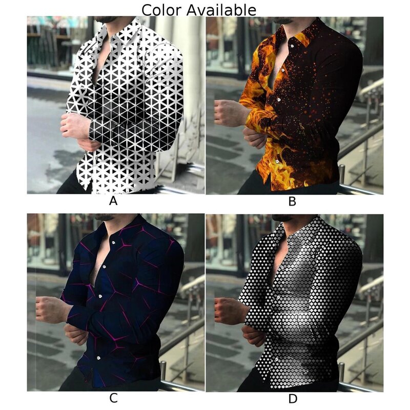 Men\\\'s Casual 3D Graphics Printed Shirts Long Sleeve Muscle Button Turn-Down Collar Shirt Party Dress Up Man Clothing