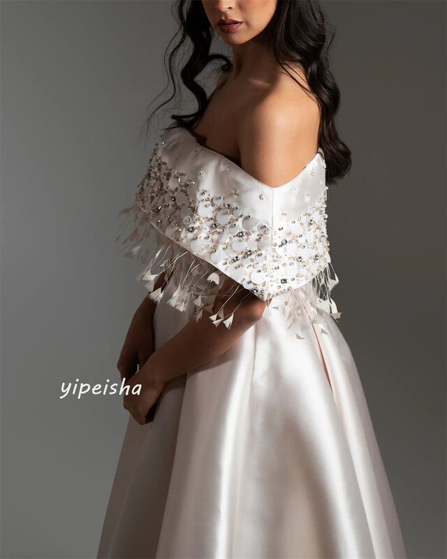Prom Dress Satin Draped Beading Tassel  A-line Off-the-shoulder Bespoke Occasion Gown Long Dresses