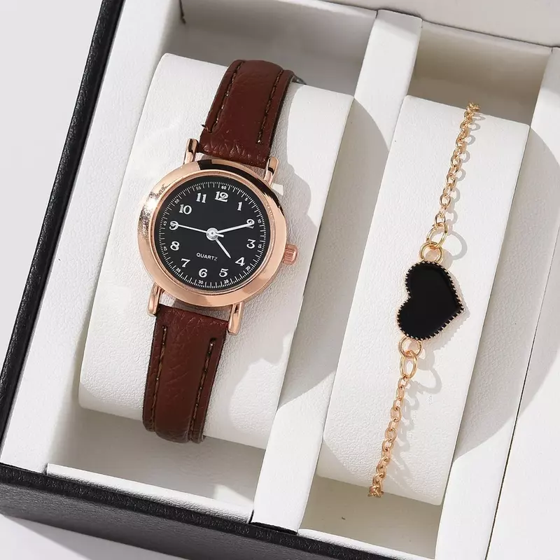 Jam tangan wanita, arloji kulit tali Quartz gelang dua buah Set