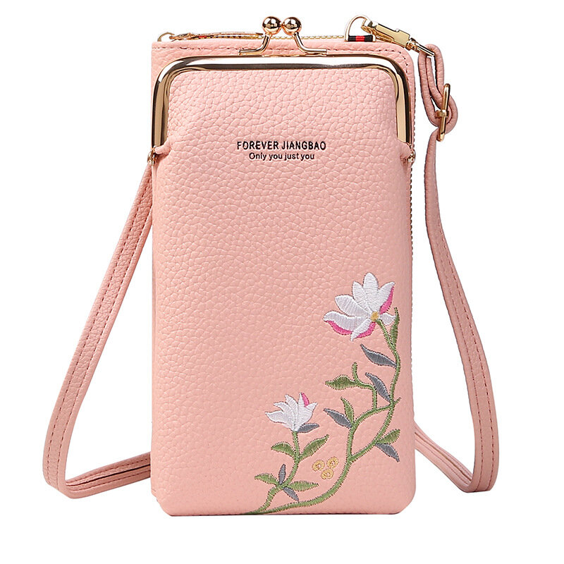 Ladies Embroidered Leather Diagonal Cross Shoulder Small Bag,Women's Mobile Phone Bag, Girl Lychee Patterned Fashionable Wallet