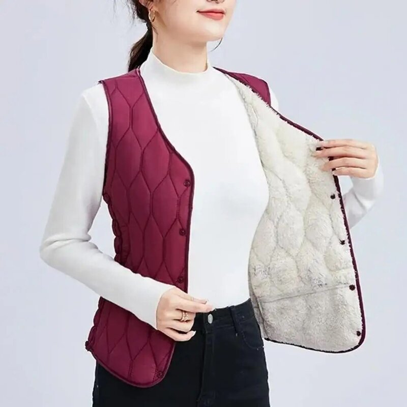 Solid Color Women Jacket Stylish Plus Size Women's Winter Vest Coat Warm Windproof Sleeveless Waistcoat with Pockets