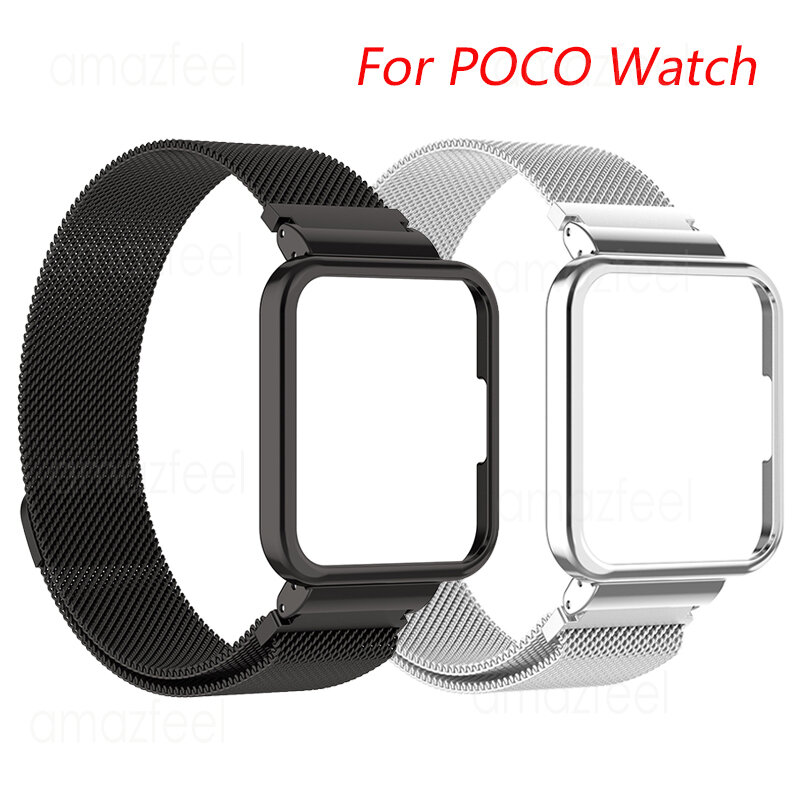 Para poco pulseira de relógio caso protetor aço inoxidável magnético loop pulseiras + capa para poco relógio metal faixa de pulso escudo quadro