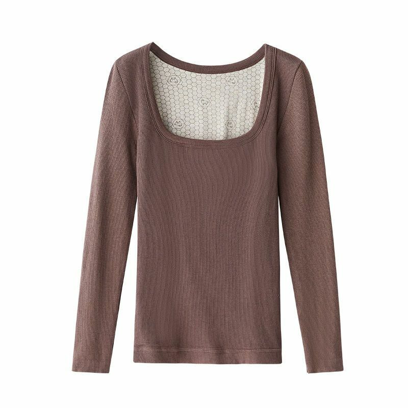 Große Runde U-neck Platz-neck Warm Schlank Unterwäsche frauen Herbst und Winter Einfarbig Bodenbildung Shirt gewinde Baumwolle