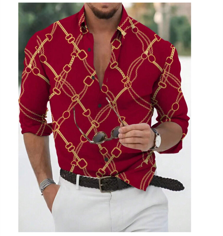Camisa de manga larga para hombre, camisa con patrón de cadena, cuello impreso, botón, ropa informal de calle de verano, alta calidad, nueva moda