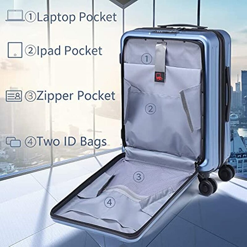 TydeCkare 20 Cal Carrry na bagaż z przednia kieszeń, 45L, walizka z twardym PC z zamkiem TSA i kółka obrotowe, lodowy blękit
