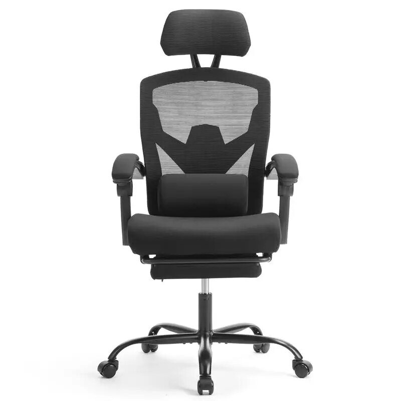 Cadeira ergonômica do escritório traseiro alto, travesseiro lombar, retrátil para os pés, cadeira do escritório de malha, braços acolchoados