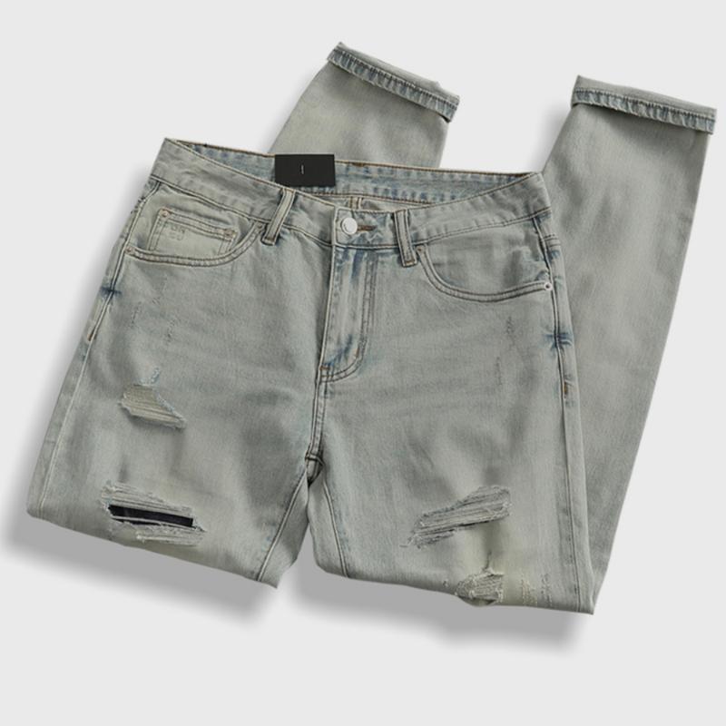 Светильник эластичные повседневные джинсы для мужчин, ностальгические Тонкие Прямые рваные джинсовые брюки, трендовые